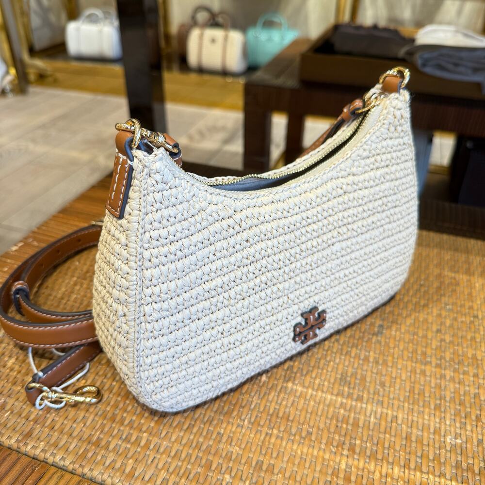 Tory Burch Cream Woven Straw Hobo with Brown Leather Trim - Picture 3 of 11